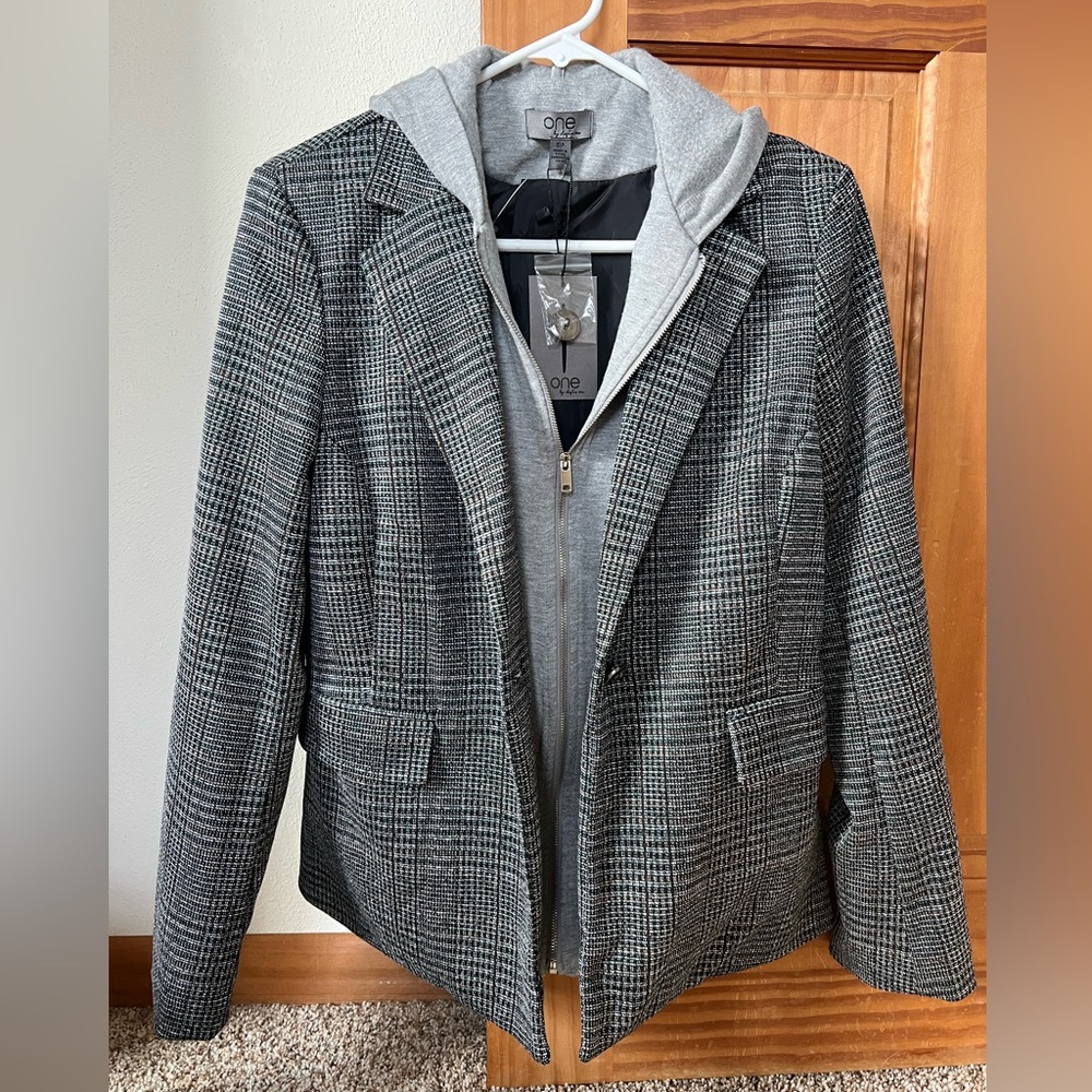 ONE By Chapter One Hooded Blazer Preppy Plaid Jacket Sweatshirt Lined Small New